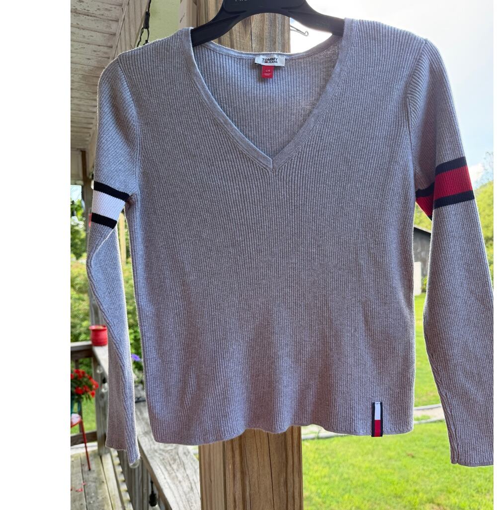 Vintage 90s Tommy Jeans Varsity Mismatched Striped Sleeves Gray V-neck Sweater L